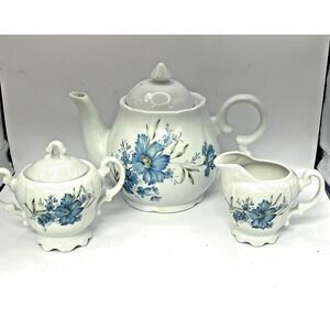 Vintage White Ceramic Teapot Blue Floral Cornflower Design Scalloped Rim